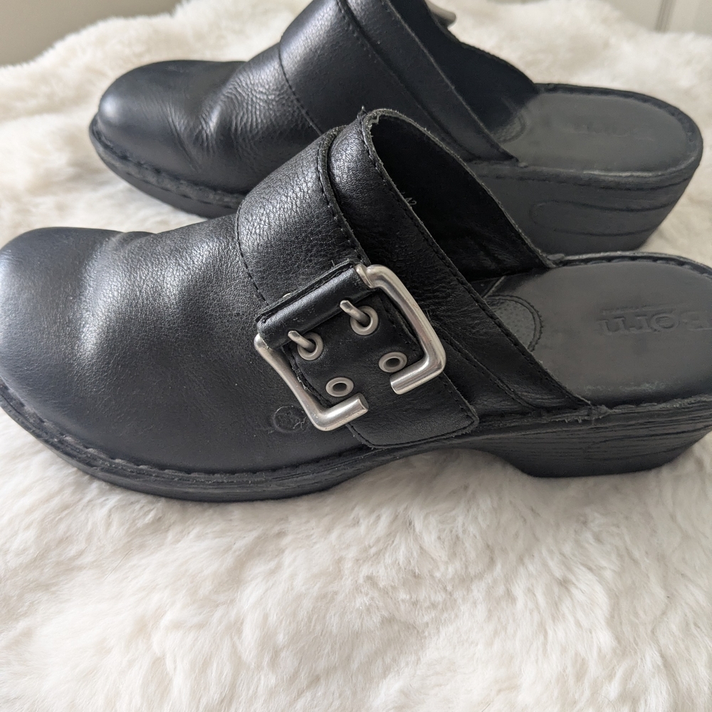Born Black Leather Mule Clogs Silver Buckle Comfort Shoes